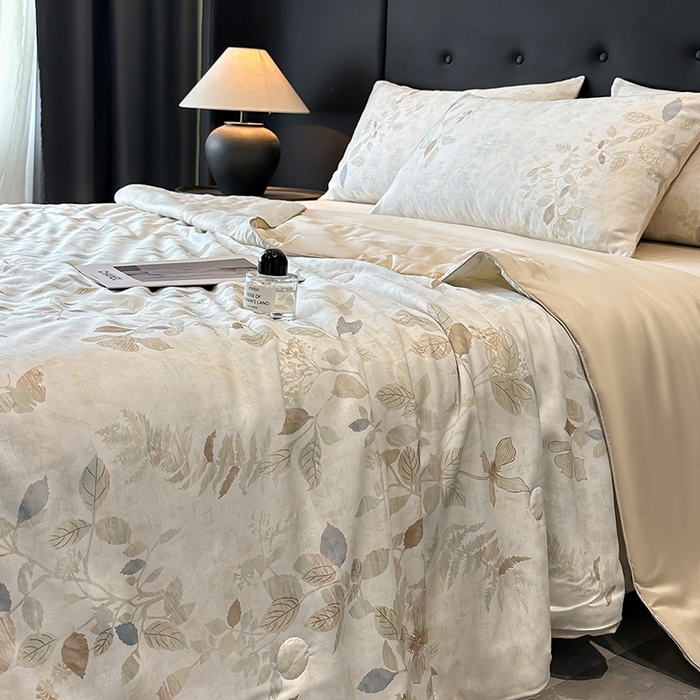 91家纺网 家纺一手货源 找家纺 慕晨 2025新款莱赛尔天丝数码印花四件套莱赛尔夏被四件套天丝夏凉被直播热款夏被被子被芯 藏幽 香槟