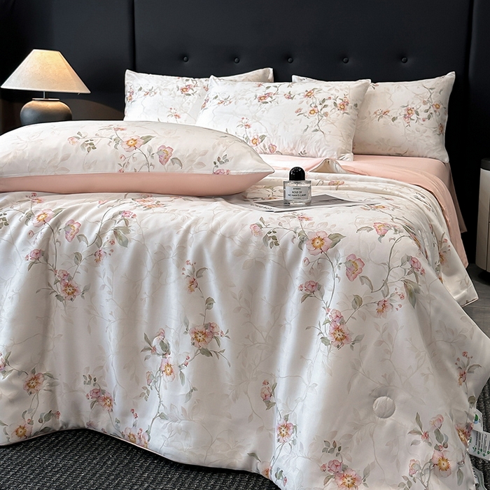 91家纺网 家纺一手货源 找家纺 慕晨 2025新款莱赛尔天丝数码印花四件套莱赛尔夏被四件套天丝夏凉被直播热款夏被被子被芯 花漾 粉