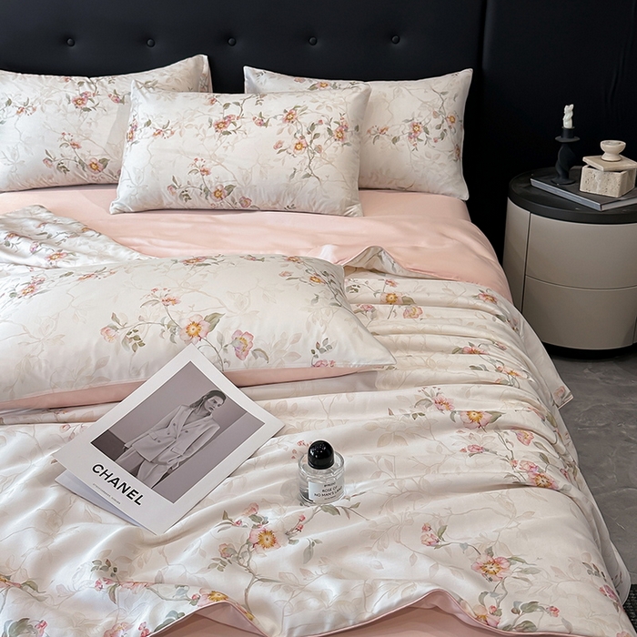 91家纺网 家纺一手货源 找家纺 慕晨 2025新款莱赛尔天丝数码印花四件套莱赛尔夏被四件套天丝夏凉被直播热款夏被被子被芯 花漾 粉