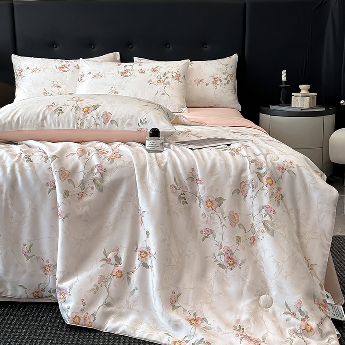 91家纺网 家纺一手货源 找家纺 慕晨 2025新款莱赛尔天丝数码印花四件套莱赛尔夏被四件套天丝夏凉被直播热款夏被被子被芯 花漾 粉