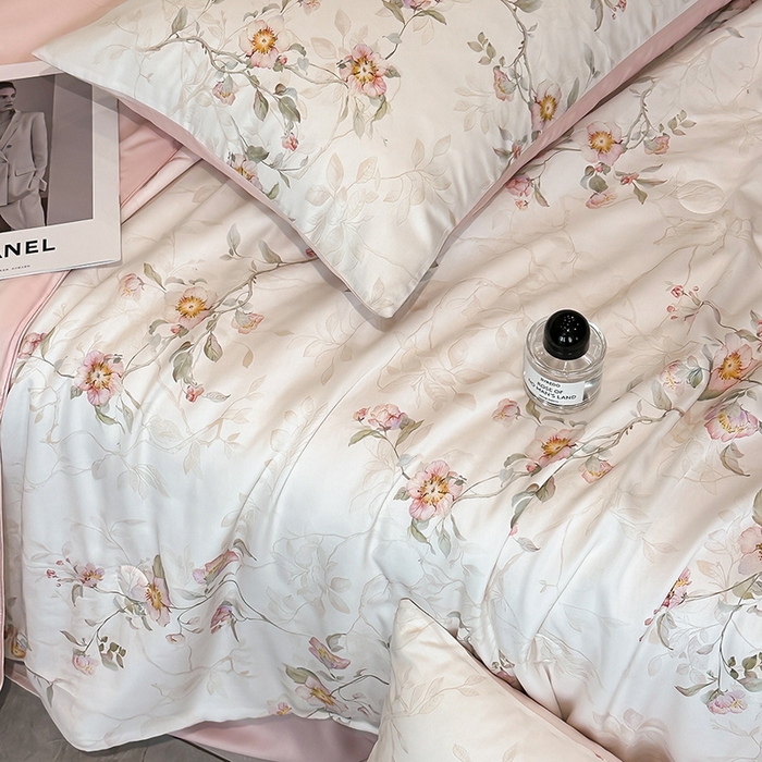 91家纺网 家纺一手货源 找家纺 慕晨 2025新款莱赛尔天丝数码印花四件套莱赛尔夏被四件套天丝夏凉被直播热款夏被被子被芯 花漾 粉