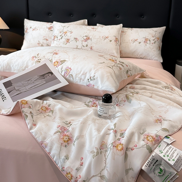 91家纺网 家纺一手货源 找家纺 慕晨 2025新款莱赛尔天丝数码印花四件套莱赛尔夏被四件套天丝夏凉被直播热款夏被被子被芯 花漾 粉