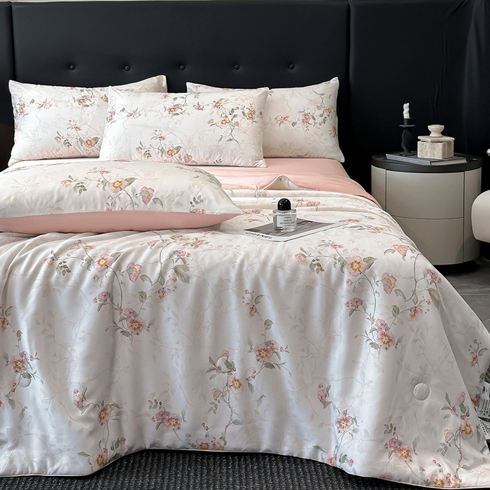 91家纺网 家纺一手货源 找家纺 慕晨 2025新款莱赛尔天丝数码印花四件套莱赛尔夏被四件套天丝夏凉被直播热款夏被被子被芯 花漾 粉