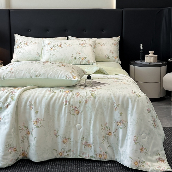 91家纺网 家纺一手货源 找家纺 慕晨 2025新款莱赛尔天丝数码印花四件套莱赛尔夏被四件套天丝夏凉被直播热款夏被被子被芯 花漾 绿