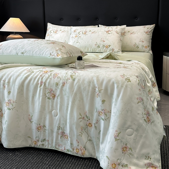 91家纺网 家纺一手货源 找家纺 慕晨 2025新款莱赛尔天丝数码印花四件套莱赛尔夏被四件套天丝夏凉被直播热款夏被被子被芯 花漾 绿