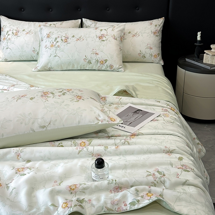 91家纺网 家纺一手货源 找家纺 慕晨 2025新款莱赛尔天丝数码印花四件套莱赛尔夏被四件套天丝夏凉被直播热款夏被被子被芯 花漾 绿