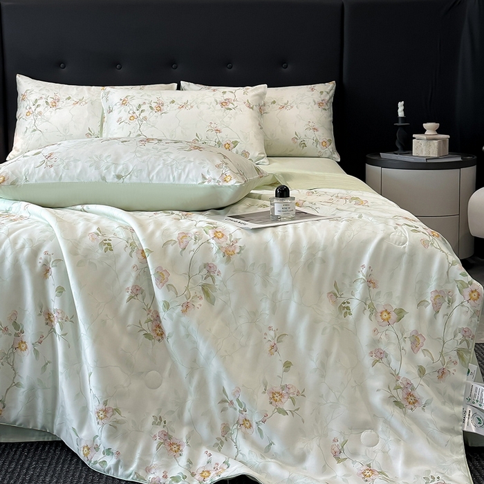 91家纺网 家纺一手货源 找家纺 慕晨 2025新款莱赛尔天丝数码印花四件套莱赛尔夏被四件套天丝夏凉被直播热款夏被被子被芯 花漾 绿