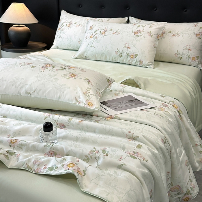 91家纺网 家纺一手货源 找家纺 慕晨 2025新款莱赛尔天丝数码印花四件套莱赛尔夏被四件套天丝夏凉被直播热款夏被被子被芯 花漾 绿