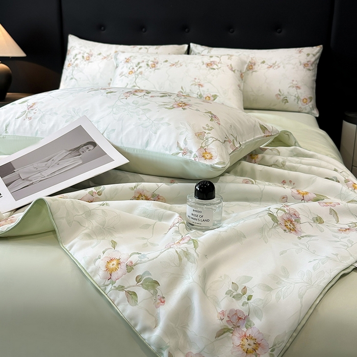 91家纺网 家纺一手货源 找家纺 慕晨 2025新款莱赛尔天丝数码印花四件套莱赛尔夏被四件套天丝夏凉被直播热款夏被被子被芯 花漾 绿