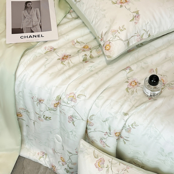 91家纺网 家纺一手货源 找家纺 慕晨 2025新款莱赛尔天丝数码印花四件套莱赛尔夏被四件套天丝夏凉被直播热款夏被被子被芯 花漾 绿