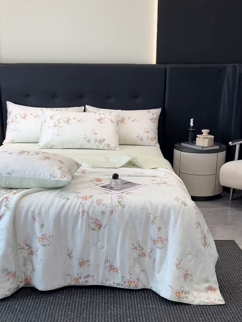 91家纺网 家纺一手货源 找家纺 慕晨 2025新款莱赛尔天丝数码印花四件套莱赛尔夏被四件套天丝夏凉被直播热款夏被被子被芯 花漾 绿