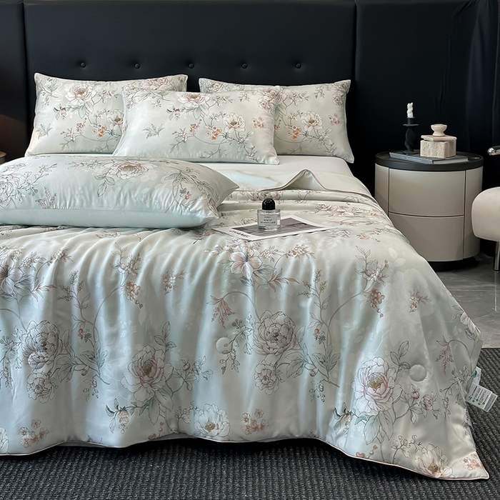 91家纺网 家纺一手货源 找家纺 慕晨 2025新款莱赛尔天丝数码印花四件套莱赛尔夏被四件套天丝夏凉被直播热款夏被被子被芯 锦兮 绿