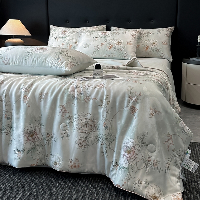 91家纺网 家纺一手货源 找家纺 慕晨 2025新款莱赛尔天丝数码印花四件套莱赛尔夏被四件套天丝夏凉被直播热款夏被被子被芯 锦兮 绿