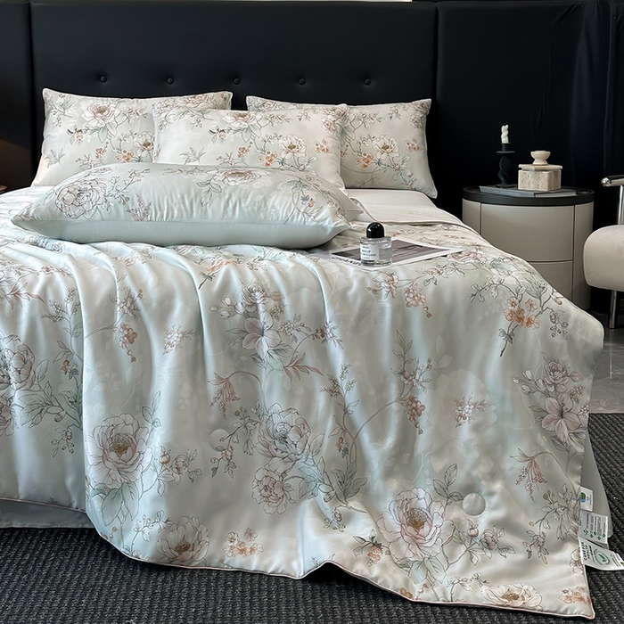 91家纺网 家纺一手货源 找家纺 慕晨 2025新款莱赛尔天丝数码印花四件套莱赛尔夏被四件套天丝夏凉被直播热款夏被被子被芯 锦兮 绿