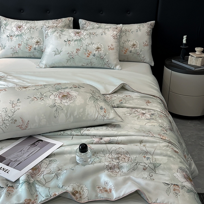 91家纺网 家纺一手货源 找家纺 慕晨 2025新款莱赛尔天丝数码印花四件套莱赛尔夏被四件套天丝夏凉被直播热款夏被被子被芯 锦兮 绿
