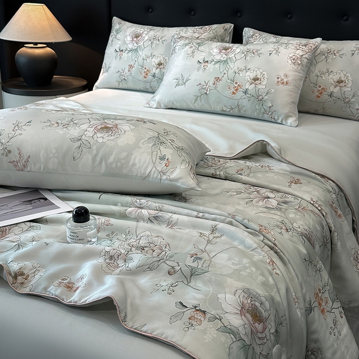 91家纺网 家纺一手货源 找家纺 慕晨 2025新款莱赛尔天丝数码印花四件套莱赛尔夏被四件套天丝夏凉被直播热款夏被被子被芯 锦兮 绿