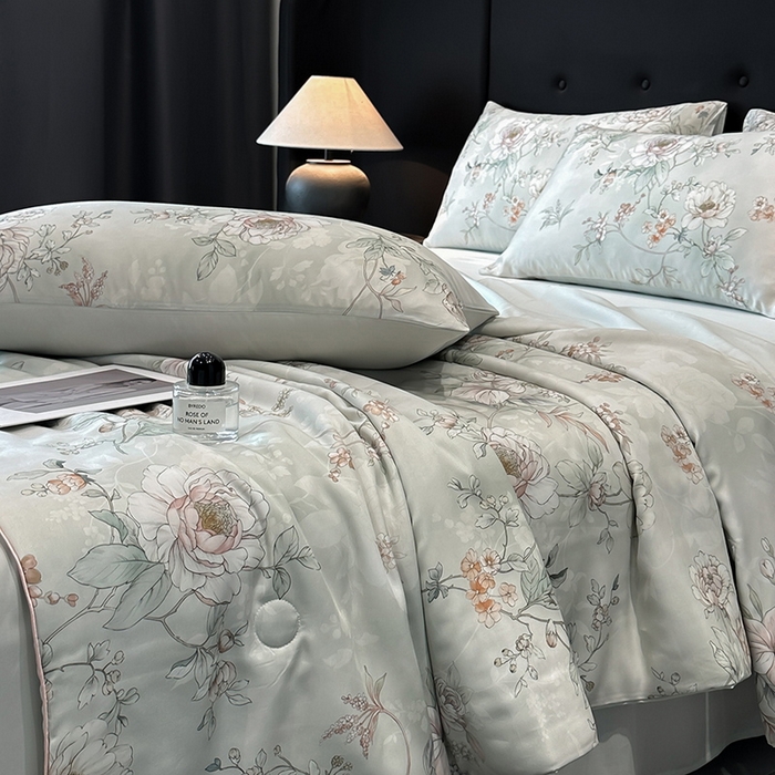 91家纺网 家纺一手货源 找家纺 慕晨 2025新款莱赛尔天丝数码印花四件套莱赛尔夏被四件套天丝夏凉被直播热款夏被被子被芯 锦兮 绿