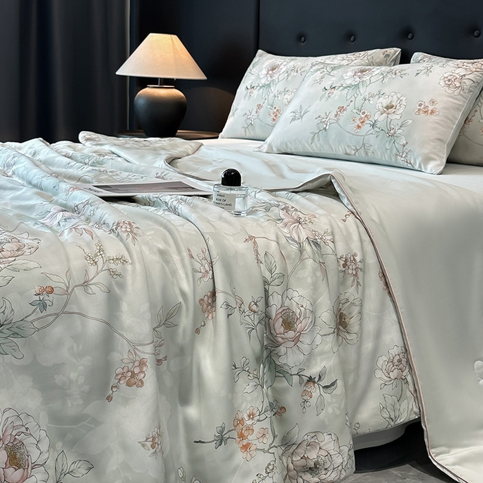 91家纺网 家纺一手货源 找家纺 慕晨 2025新款莱赛尔天丝数码印花四件套莱赛尔夏被四件套天丝夏凉被直播热款夏被被子被芯 锦兮 绿