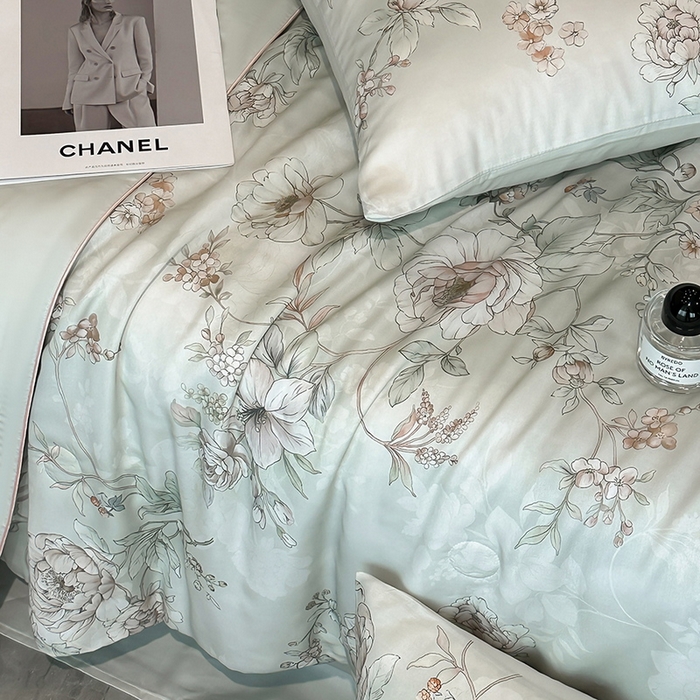 91家纺网 家纺一手货源 找家纺 慕晨 2025新款莱赛尔天丝数码印花四件套莱赛尔夏被四件套天丝夏凉被直播热款夏被被子被芯 锦兮 绿