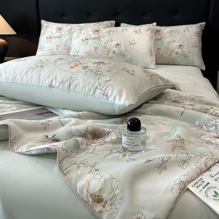 91家纺网 家纺一手货源 找家纺 慕晨 2025新款莱赛尔天丝数码印花四件套莱赛尔夏被四件套天丝夏凉被直播热款夏被被子被芯 锦兮 绿