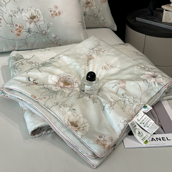 91家纺网 家纺一手货源 找家纺 慕晨 2025新款莱赛尔天丝数码印花四件套莱赛尔夏被四件套天丝夏凉被直播热款夏被被子被芯 锦兮 绿