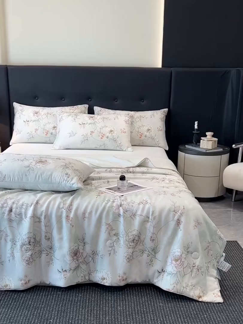 91家纺网 家纺一手货源 找家纺 慕晨 2025新款莱赛尔天丝数码印花四件套莱赛尔夏被四件套天丝夏凉被直播热款夏被被子被芯 锦兮 绿