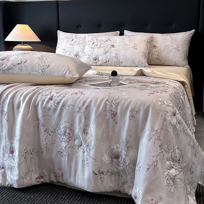 91家纺网 家纺一手货源 找家纺 慕晨 2025新款莱赛尔天丝数码印花四件套莱赛尔夏被四件套天丝夏凉被直播热款夏被被子被芯 锦兮-粉