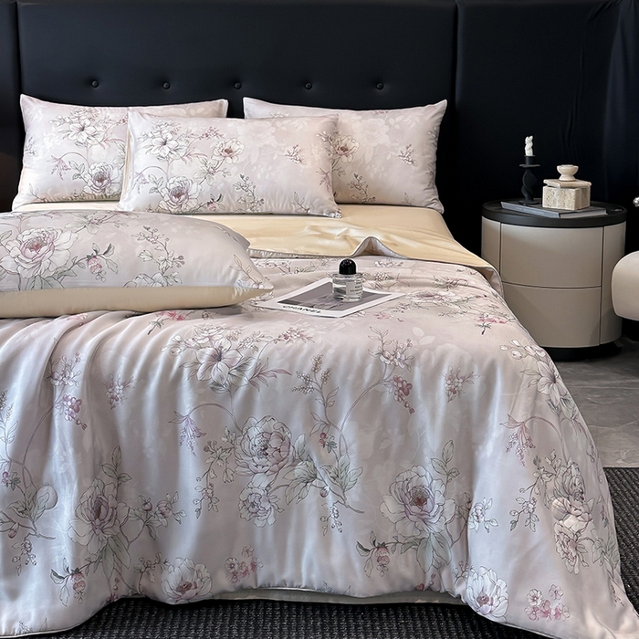 91家纺网 家纺一手货源 找家纺 慕晨 2025新款莱赛尔天丝数码印花四件套莱赛尔夏被四件套天丝夏凉被直播热款夏被被子被芯 锦兮-粉