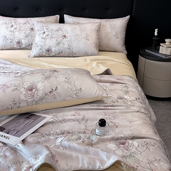 91家纺网 家纺一手货源 找家纺 慕晨 2025新款莱赛尔天丝数码印花四件套莱赛尔夏被四件套天丝夏凉被直播热款夏被被子被芯 锦兮-粉