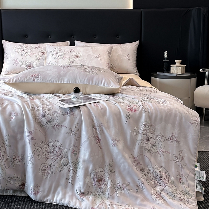 91家纺网 家纺一手货源 找家纺 慕晨 2025新款莱赛尔天丝数码印花四件套莱赛尔夏被四件套天丝夏凉被直播热款夏被被子被芯 锦兮-粉