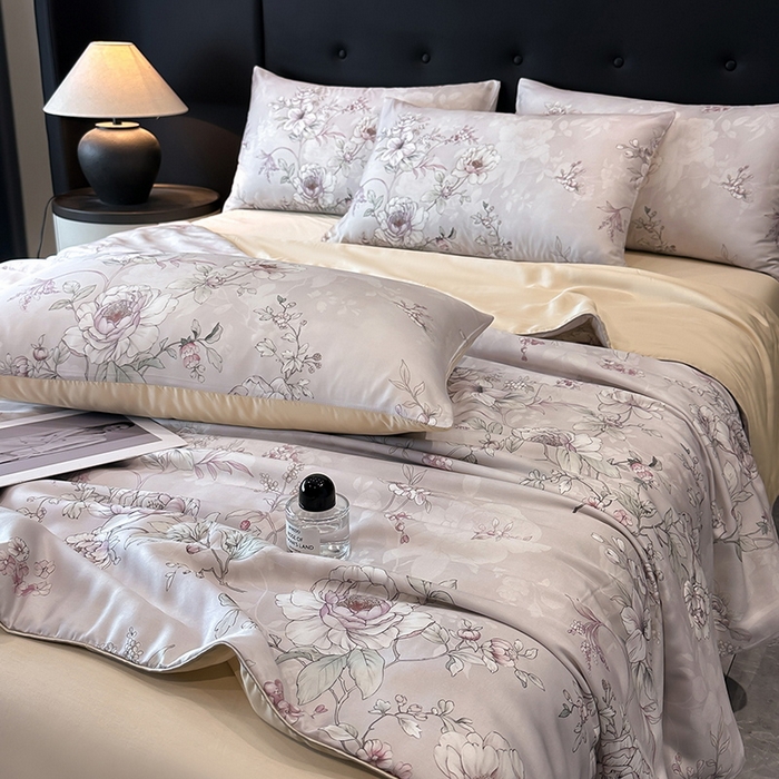 91家纺网 家纺一手货源 找家纺 慕晨 2025新款莱赛尔天丝数码印花四件套莱赛尔夏被四件套天丝夏凉被直播热款夏被被子被芯 锦兮-粉