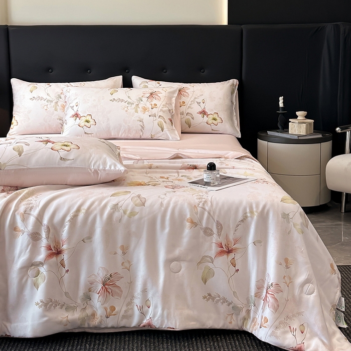 91家纺网 家纺一手货源 找家纺 慕晨 2025新款莱赛尔天丝数码印花四件套莱赛尔夏被四件套天丝夏凉被直播热款夏被被子被芯 嫚熙 粉