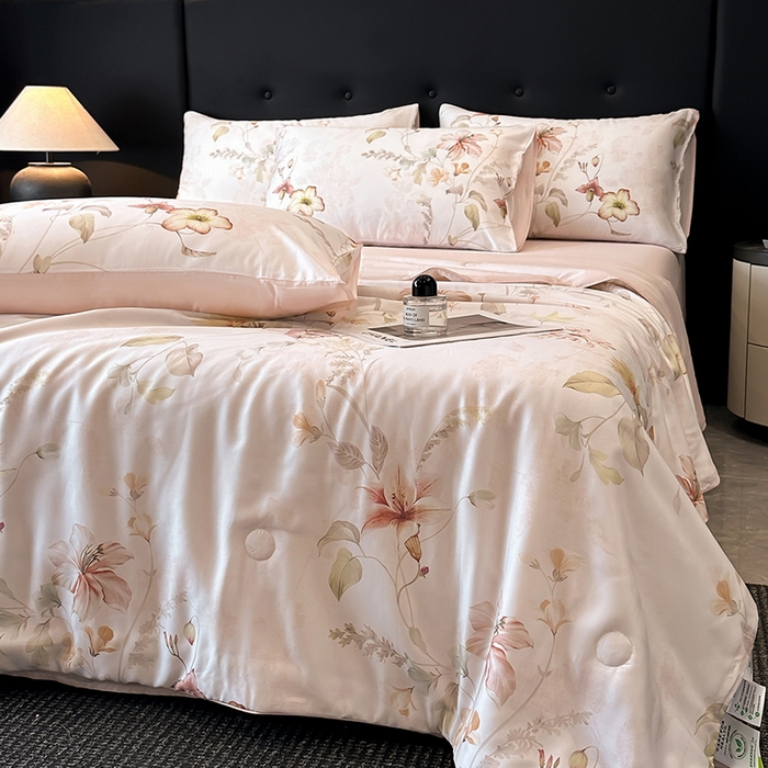 91家纺网 家纺一手货源 找家纺 慕晨 2025新款莱赛尔天丝数码印花四件套莱赛尔夏被四件套天丝夏凉被直播热款夏被被子被芯 嫚熙 粉