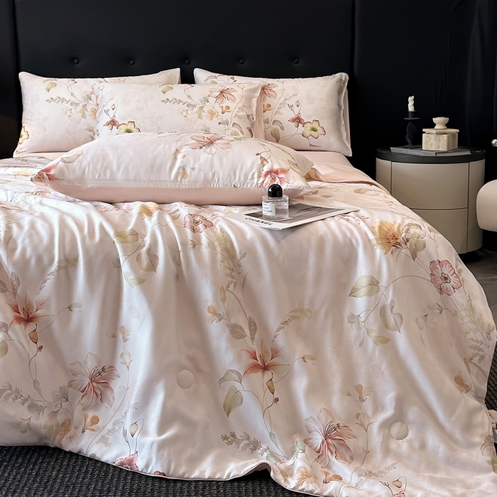 91家纺网 家纺一手货源 找家纺 慕晨 2025新款莱赛尔天丝数码印花四件套莱赛尔夏被四件套天丝夏凉被直播热款夏被被子被芯 嫚熙 粉