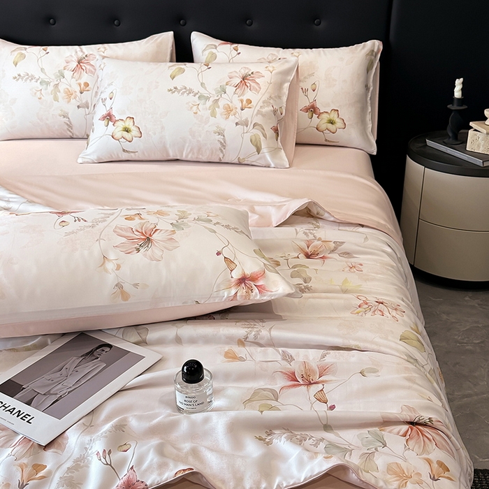 91家纺网 家纺一手货源 找家纺 慕晨 2025新款莱赛尔天丝数码印花四件套莱赛尔夏被四件套天丝夏凉被直播热款夏被被子被芯 嫚熙 粉