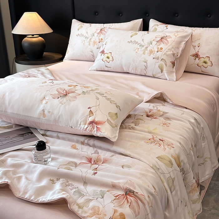 91家纺网 家纺一手货源 找家纺 慕晨 2025新款莱赛尔天丝数码印花四件套莱赛尔夏被四件套天丝夏凉被直播热款夏被被子被芯 嫚熙 粉