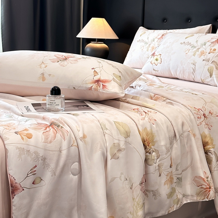 91家纺网 家纺一手货源 找家纺 慕晨 2025新款莱赛尔天丝数码印花四件套莱赛尔夏被四件套天丝夏凉被直播热款夏被被子被芯 嫚熙 粉