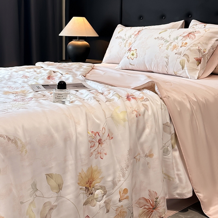 91家纺网 家纺一手货源 找家纺 慕晨 2025新款莱赛尔天丝数码印花四件套莱赛尔夏被四件套天丝夏凉被直播热款夏被被子被芯 嫚熙 粉