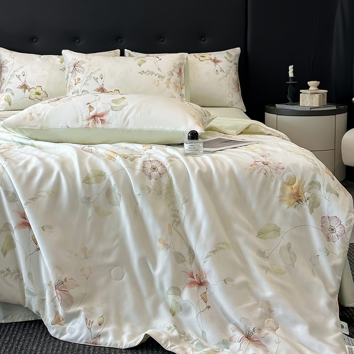 91家纺网 家纺一手货源 找家纺 慕晨 2025新款莱赛尔天丝数码印花四件套莱赛尔夏被四件套天丝夏凉被直播热款夏被被子被芯 嫚熙 绿