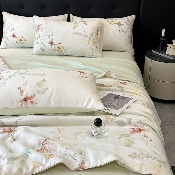 91家纺网 家纺一手货源 找家纺 慕晨 2025新款莱赛尔天丝数码印花四件套莱赛尔夏被四件套天丝夏凉被直播热款夏被被子被芯 嫚熙 绿