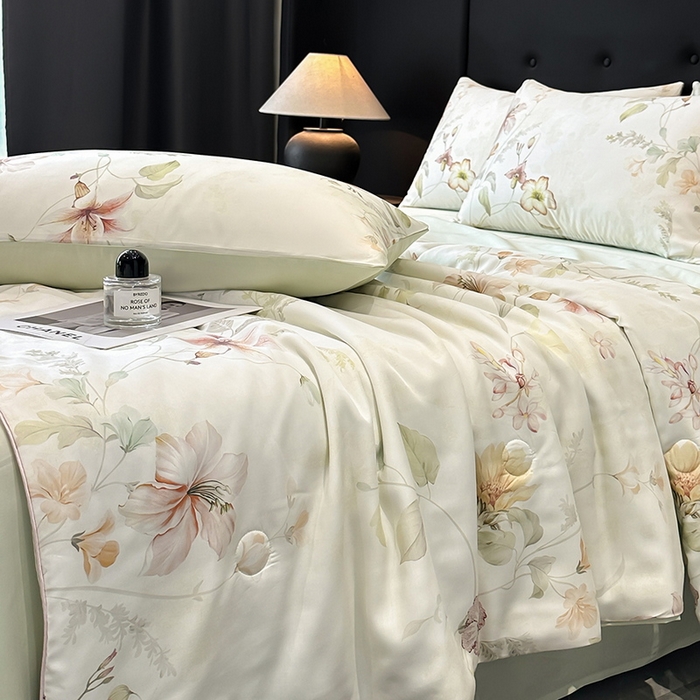 91家纺网 家纺一手货源 找家纺 慕晨 2025新款莱赛尔天丝数码印花四件套莱赛尔夏被四件套天丝夏凉被直播热款夏被被子被芯 嫚熙 绿