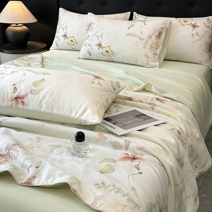 91家纺网 家纺一手货源 找家纺 慕晨 2025新款莱赛尔天丝数码印花四件套莱赛尔夏被四件套天丝夏凉被直播热款夏被被子被芯 嫚熙 绿