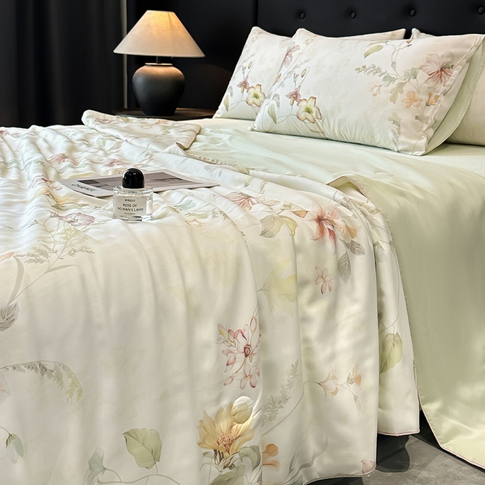 91家纺网 家纺一手货源 找家纺 慕晨 2025新款莱赛尔天丝数码印花四件套莱赛尔夏被四件套天丝夏凉被直播热款夏被被子被芯 嫚熙 绿