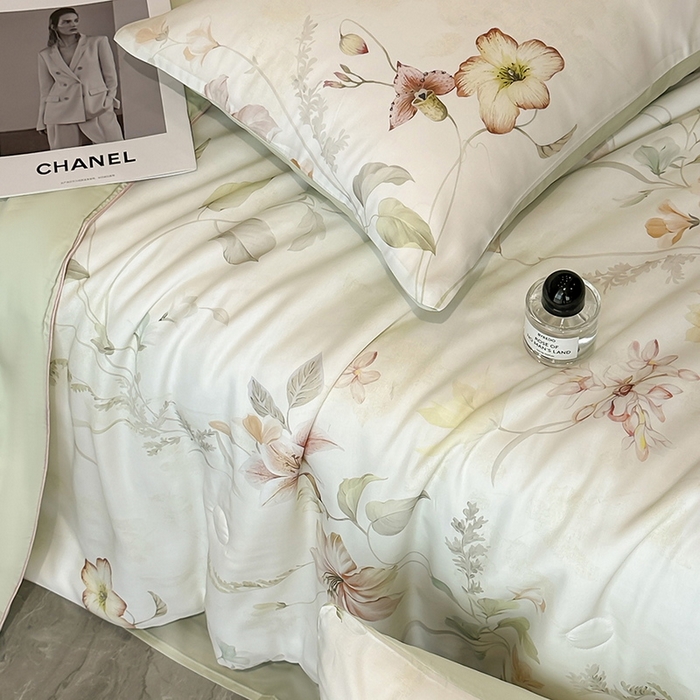 91家纺网 家纺一手货源 找家纺 慕晨 2025新款莱赛尔天丝数码印花四件套莱赛尔夏被四件套天丝夏凉被直播热款夏被被子被芯 嫚熙 绿