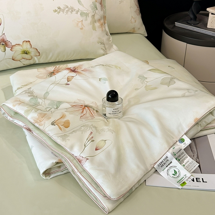 91家纺网 家纺一手货源 找家纺 慕晨 2025新款莱赛尔天丝数码印花四件套莱赛尔夏被四件套天丝夏凉被直播热款夏被被子被芯 嫚熙 绿