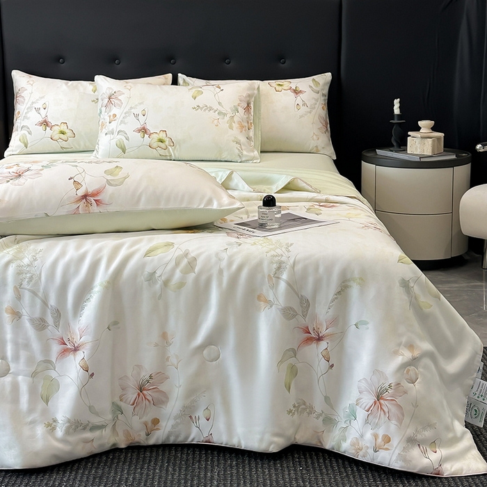 91家纺网 家纺一手货源 找家纺 慕晨 2025新款莱赛尔天丝数码印花四件套莱赛尔夏被四件套天丝夏凉被直播热款夏被被子被芯 嫚熙 绿