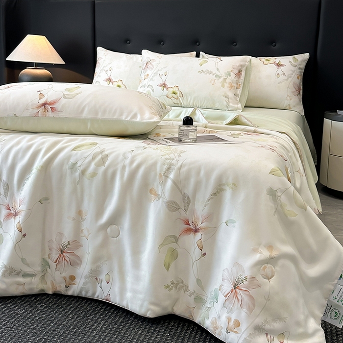 91家纺网 家纺一手货源 找家纺 慕晨 2025新款莱赛尔天丝数码印花四件套莱赛尔夏被四件套天丝夏凉被直播热款夏被被子被芯 嫚熙 绿