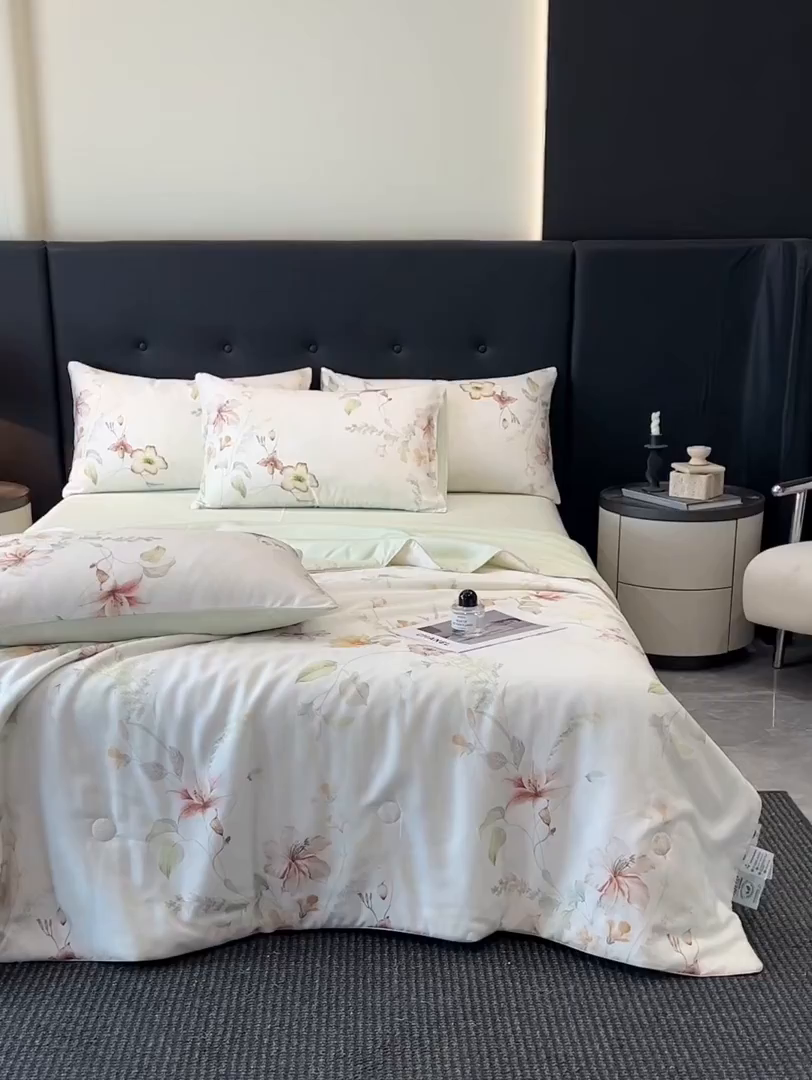 91家纺网 家纺一手货源 找家纺 慕晨 2025新款莱赛尔天丝数码印花四件套莱赛尔夏被四件套天丝夏凉被直播热款夏被被子被芯 嫚熙 绿