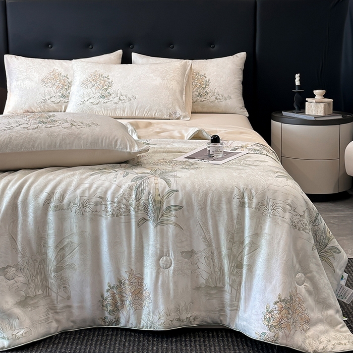 91家纺网 家纺一手货源 找家纺 慕晨 2025新款莱赛尔天丝数码印花四件套莱赛尔夏被四件套天丝夏凉被直播热款夏被被子被芯 诺森 香槟