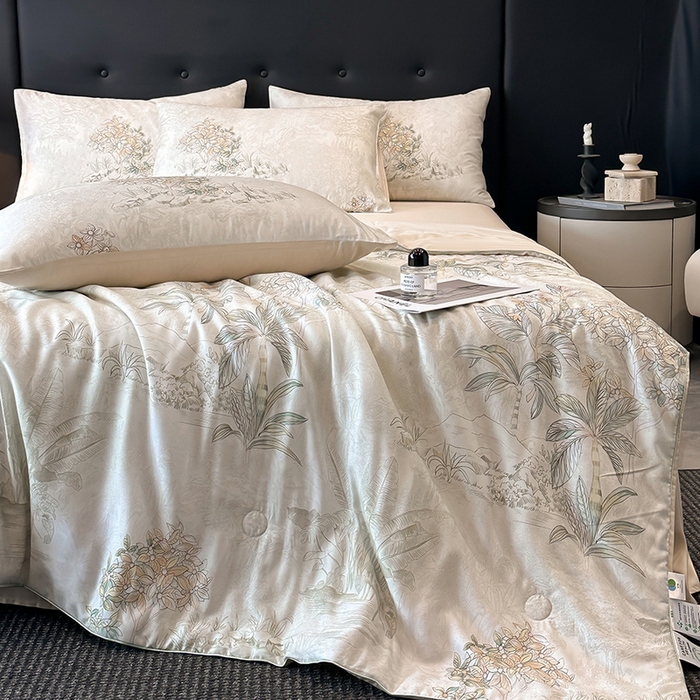 91家纺网 家纺一手货源 找家纺 慕晨 2025新款莱赛尔天丝数码印花四件套莱赛尔夏被四件套天丝夏凉被直播热款夏被被子被芯 诺森 香槟